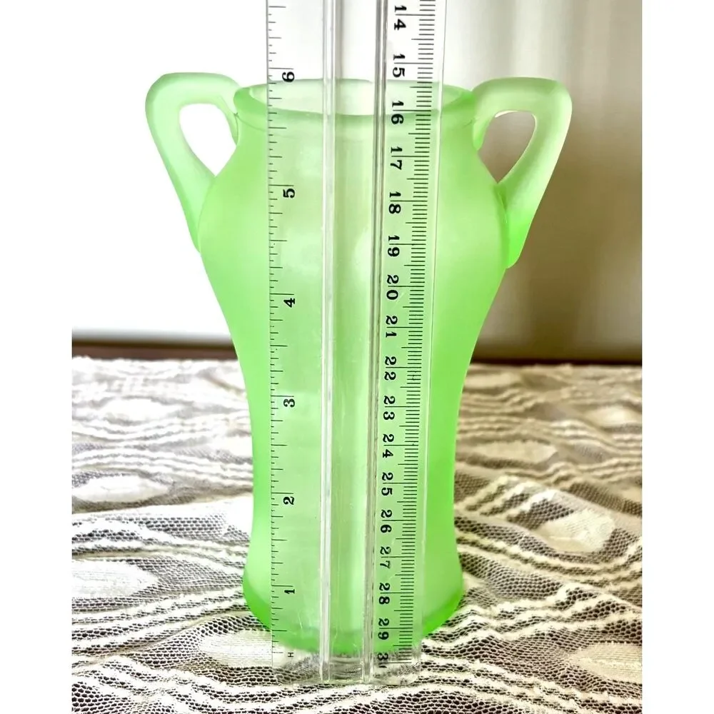 Vintage Satin Uranium Glass Double Handled Bud Vase UV Reactive Green 6